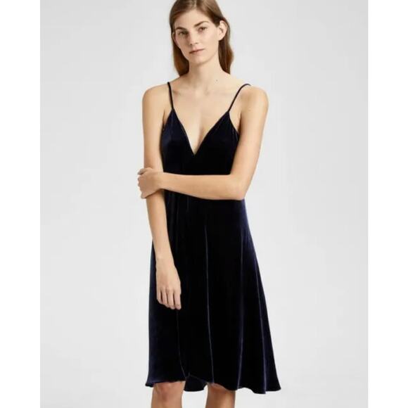 Theory Draped Slip Cami Dress Crinkle Velvet Silk Blend Navy Blue Size 2 - Picture 1 of 8